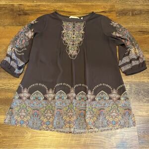 Soft Surroundings Sheer Brown Floral Bohemian Blouse Women's Size Medium